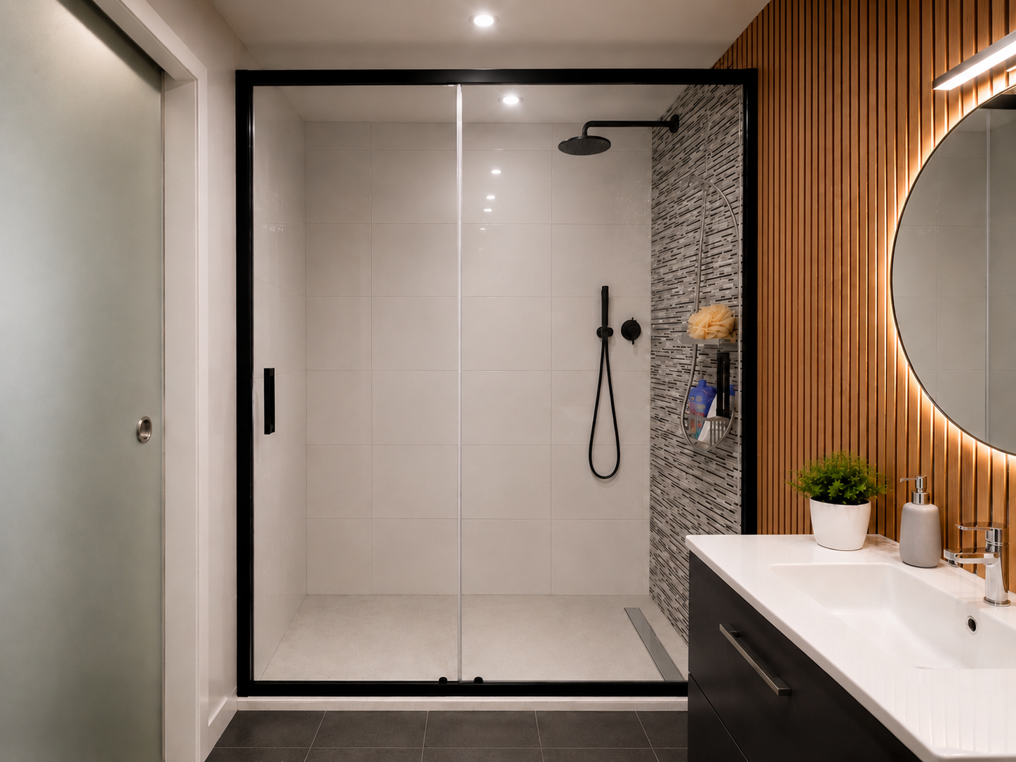 Baño renovado con ducha amplia y acabados modernos